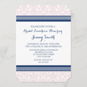 Blauwe roze Damask Bridal Lunch Invitation Cards Kaart