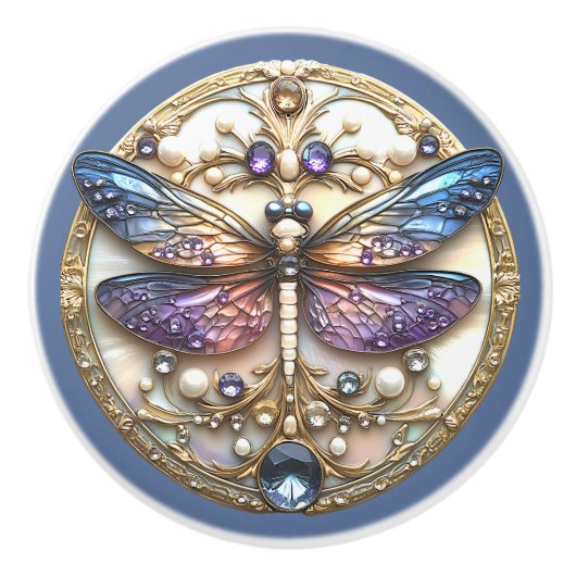 Blauwe Roze Dragonfly Parels Precious Stones Keramische Knop (Voorkant)