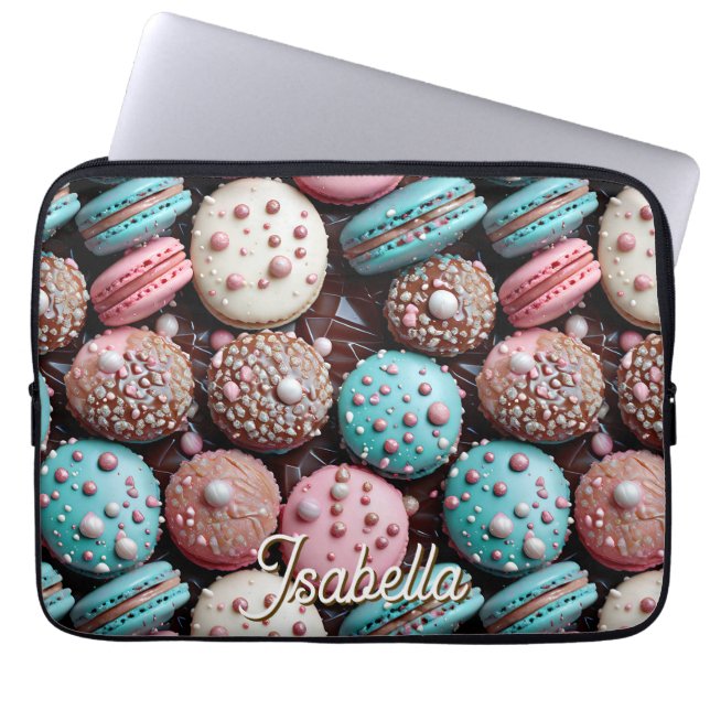 Blauwe, roze en chocolade macaron laptop sleeve (Voorkant)