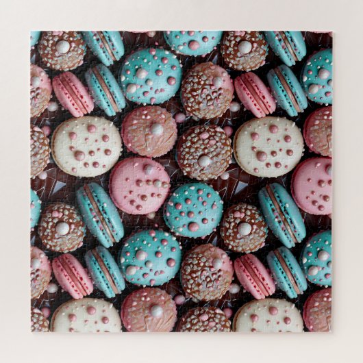 Blauwe, roze en chocolade macaron legpuzzel (Horizontaal)