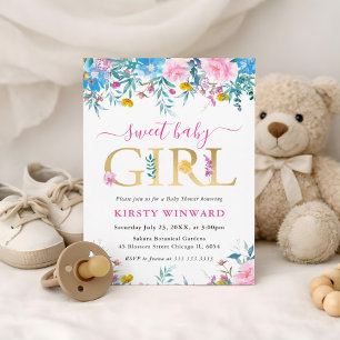 Blauwe, Roze en Gele Zomerbloemen Baby Shower Kaart