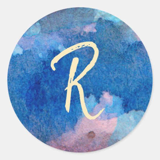 Blauwe roze en goudmonogram Waterverf Ronde Sticker (Voorkant)