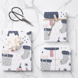 Blauwe roze en grijze kerst inpakpapier vel