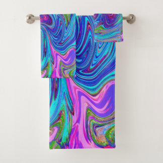 Blauwe, Roze en Paarse Groovy Abstracte retroart Bad Handdoek