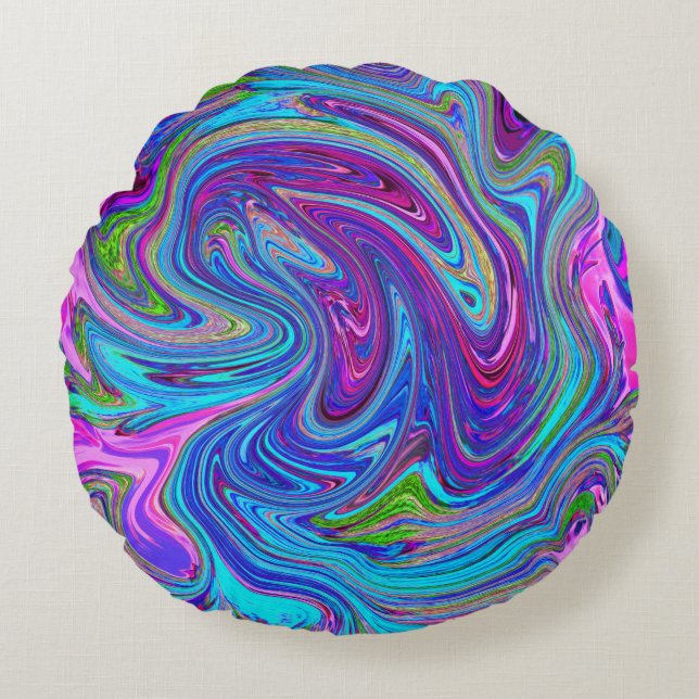 Blauwe, Roze en Paarse Groovy Abstracte retroart Rond Kussen (Voorkant)