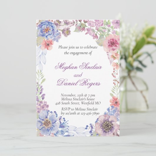 Blauwe, roze en Paarse Wildflower Engagement Party Kaart (Staand voorkant)