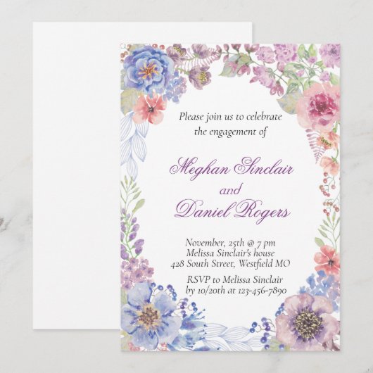 Blauwe, roze en Paarse Wildflower Engagement Party Kaart (Voorkant / Achterkant)