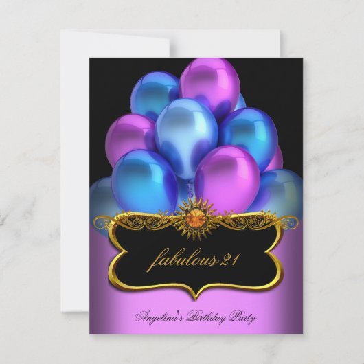 Blauwe roze Fabulous Black Gold Balloons Birthday Kaart (Voorkant)