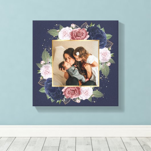 Blauwe roze Floral Aangepaste Foto op Canvas (Insitu (Houten vloer))