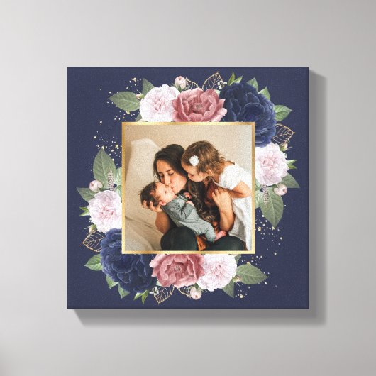 Blauwe roze Floral Aangepaste Foto op Canvas Afdruk (Voorkant)