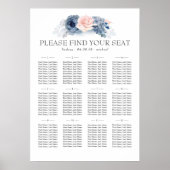 Blauwe roze Floral Elegant Wedding Seating Chart Poster (Voorkant)