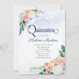  blauwe roze Floral Quinceanera Birthday Kaart
