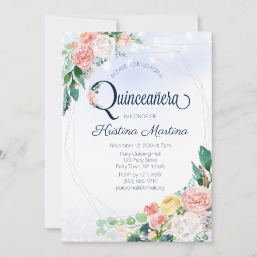  blauwe roze Floral Quinceanera Birthday Kaart (Voorkant)