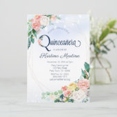  blauwe roze Floral Quinceanera Birthday Kaart (Staand voorkant)