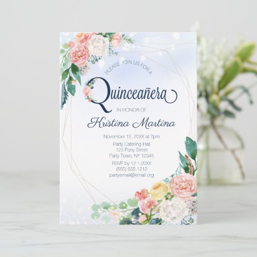  blauwe roze Floral Quinceanera Birthday Kaart (Staand voorkant)