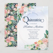  blauwe roze Floral Quinceanera Birthday Kaart (Voorkant / Achterkant)