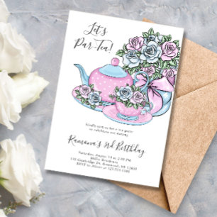 Blauwe roze Floral Tea Party Birthday Party Kaart