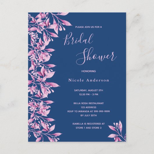 Blauwe roze florale bridal Shower-uitnodiging Briefkaart (Voorkant)