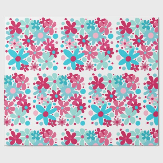 Blauwe & roze funky bloemen cadeaupapier (Vlak)