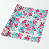 Blauwe & roze funky bloemen cadeaupapier (Uitgerold)