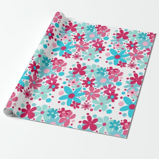 Blauwe & roze funky bloemen cadeaupapier (Uitgerold)