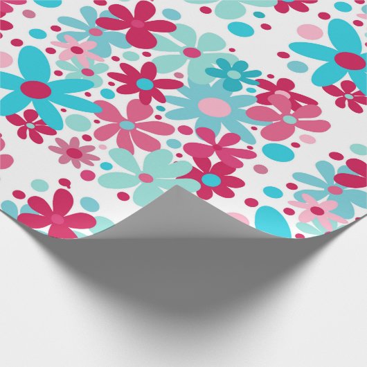Blauwe & roze funky bloemen cadeaupapier (Hoek)