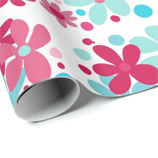 Blauwe & roze funky bloemen cadeaupapier (Rol Hoek)