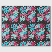 Blauwe & roze funky bloemen cadeaupapier (Vlak)