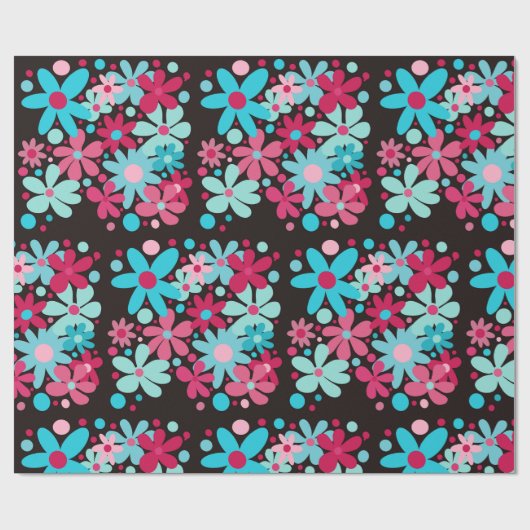 Blauwe & roze funky bloemen cadeaupapier (Vlak)