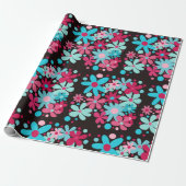 Blauwe & roze funky bloemen cadeaupapier (Uitgerold)