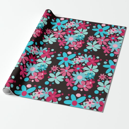 Blauwe & roze funky bloemen cadeaupapier (Uitgerold)