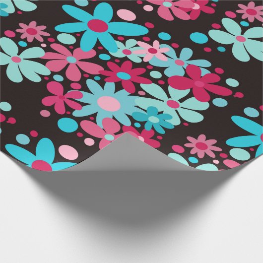 Blauwe & roze funky bloemen cadeaupapier (Hoek)