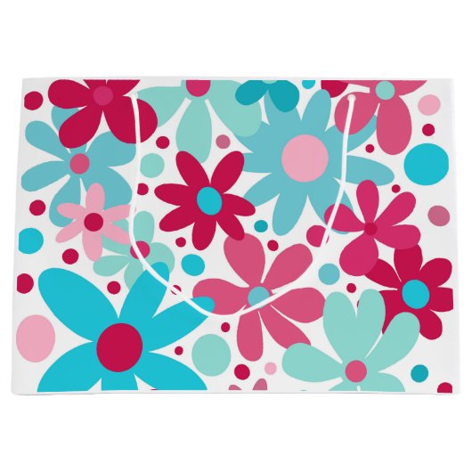 Blauwe & roze funky bloemen groot cadeauzakje (Voorkant)