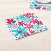 Blauwe & roze funky bloemen kartonnen onderzetters (Schuin)