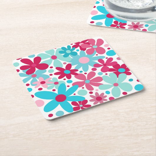 Blauwe & roze funky bloemen kartonnen onderzetters (Schuin)