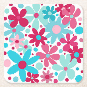 Blauwe & roze funky bloemen kartonnen onderzetters