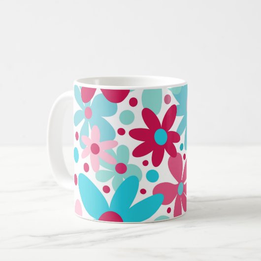 Blauwe & roze funky bloemen koffiemok (Voorkant links)