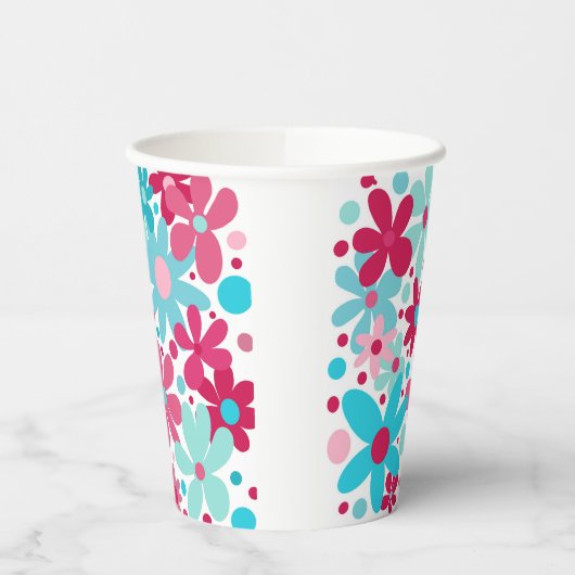 Blauwe & roze funky bloemen papieren bekers (Links)