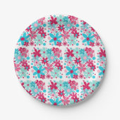 Blauwe & roze funky bloemen papieren bordje (Voorkant)