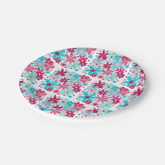 Blauwe & roze funky bloemen papieren bordje (Gekanteld)