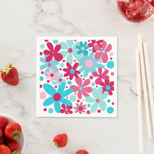 Blauwe & roze funky bloemen servet (Insitu)