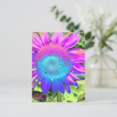 Blauwe roze funky retro zonnebloem briefkaart (Staand voorkant)