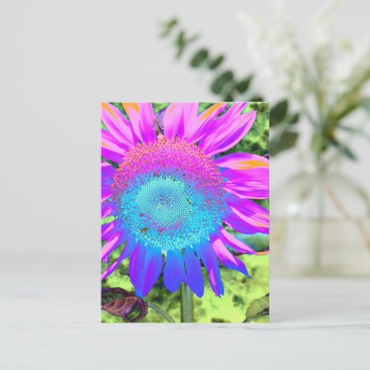 Blauwe roze funky retro zonnebloem briefkaart (Staand voorkant)