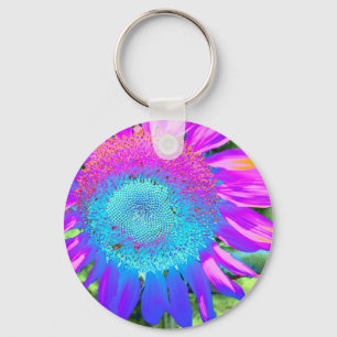 Blauwe roze funky retro zonnebloem sleutelhanger