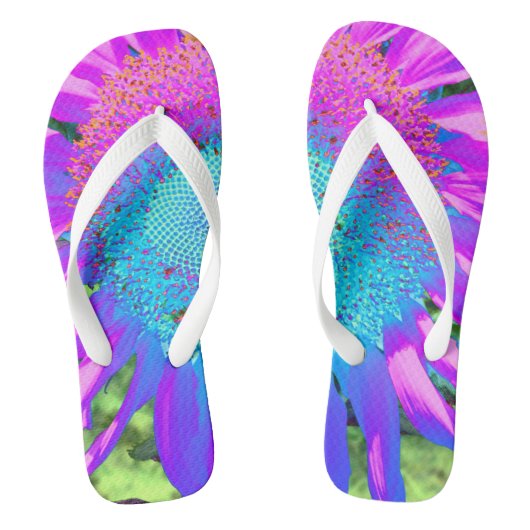 Blauwe roze funky retro zonnebloem teenslippers (Voetbed)