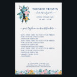 Blauwe roze geelschaar haarzout flyer<br><div class="desc">Hair salon business flyer met een schaar op een bed van wilde bloemen in blauw, geel en bleek roze. Voeg de naam van uw salon of zaken, uw diensten, en tagline, en uw contactinformatie of wat dan ook toe u in blauwe teksten tegen een witte achtergrond nodig hebt. De florale...</div>