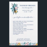 Blauwe roze geelschaar haarzout flyer<br><div class="desc">Hair salon business flyer met een schaar op een bed van wilde bloemen in blauw, geel en bleek roze. Voeg de naam van uw salon of zaken, uw diensten, en tagline, en uw contactinformatie of wat dan ook toe u in blauwe teksten tegen een witte achtergrond nodig hebt. De florale...</div>