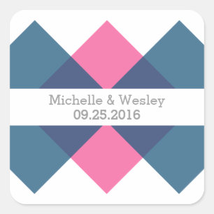 Blauwe roze geometrische triad bruiloft-stickers vierkante sticker