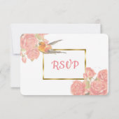 Blauwe Roze Gouden Vogel & Bloemen Bruiloft RSVP k (Achterkant)