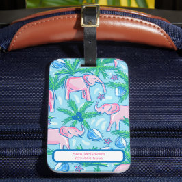 Blauwe roze groene preppy olifant bagagelabel